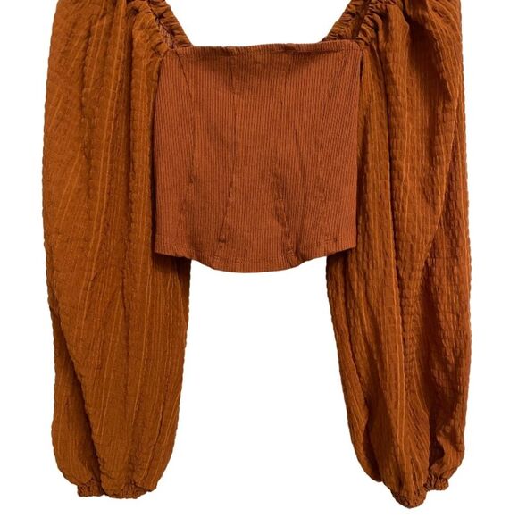 Urban Outfitters Claudia Cropped Top Blouse Size M Balloon Sleeves Rust Orange - Picture 4 of 15